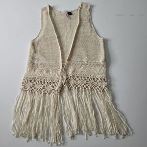 S LOVE BY DESIGN fringe open front long line vest boho neutral cream small